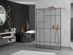 Mexen Kioto paroi de douche autoportante 140 x 200 cm, transparent/Design noir 8 mm, Or rose - 800-140-002-60-78