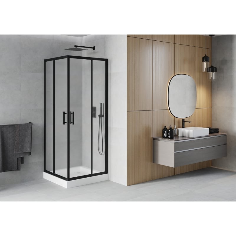 Mexen Rio cabine de douche carrée 70 x 70 cm, givrée, noire + bac à douche Rio, blanc - 860-070-070-70-30-4510