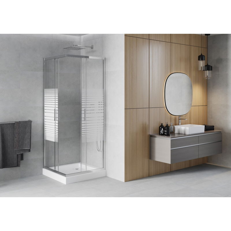 Mexen Rio cabine de douche carrée 70 x 70 cm, bandes blanches, chrome + receveur de douche blanc - 860-070-070-01-20-4510