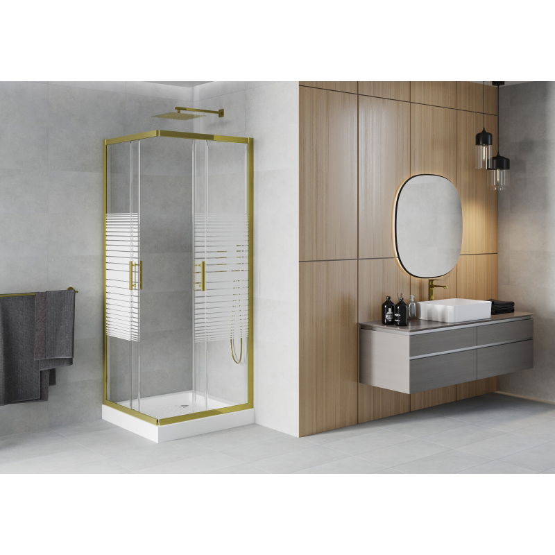 Mexen Rio cabine de douche carrée 70 x 70 cm, bandes blanches, or + receveur , blanc - 860-070-070-50-20-4510