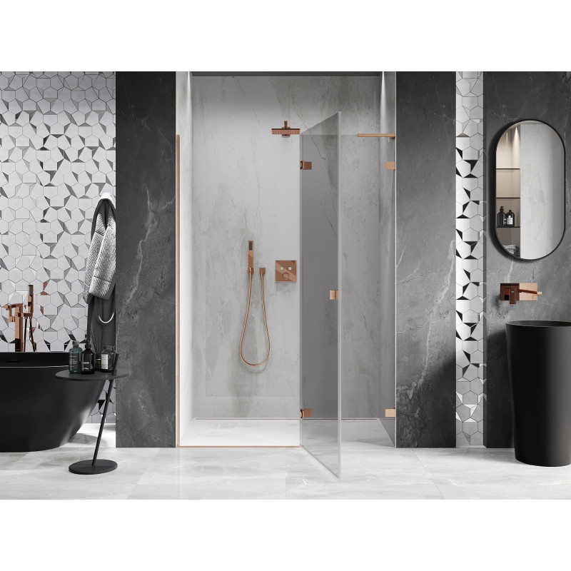 Mexen Lunar L porte de douche battante droite 130 cm, transparent, cuivre brossé - 834L-130-000-65-00-P
