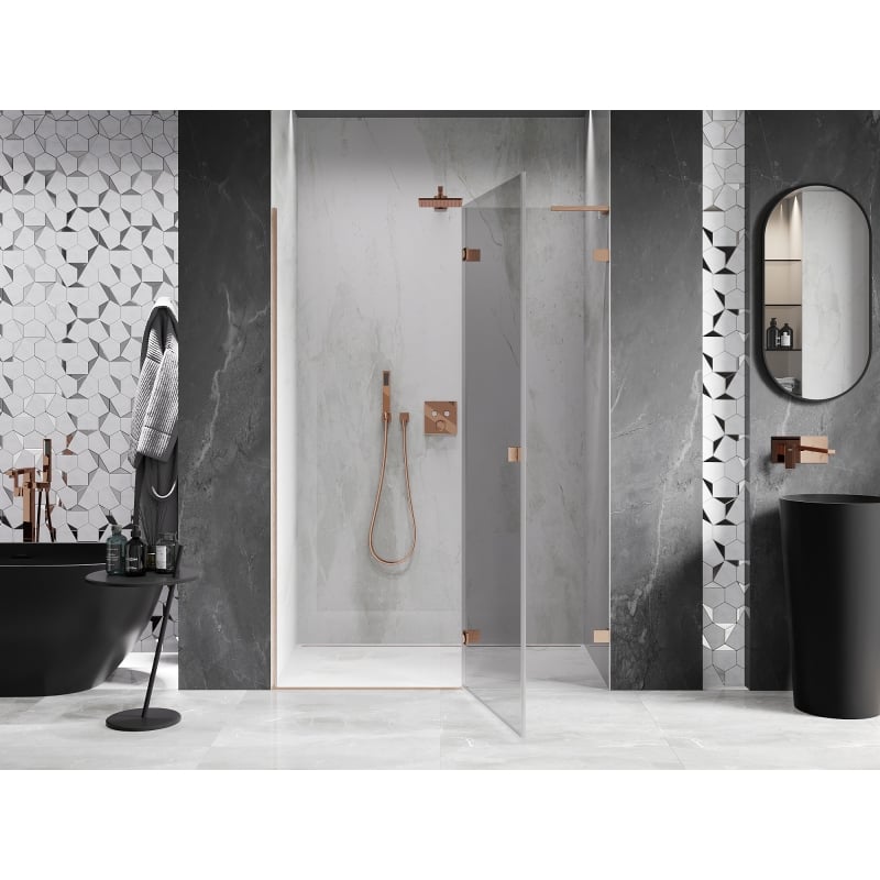 Mexen Lunar L porte de douche pivotante droite 140 cm, transparent, cuivre brossé - 834L-140-000-65-00-P