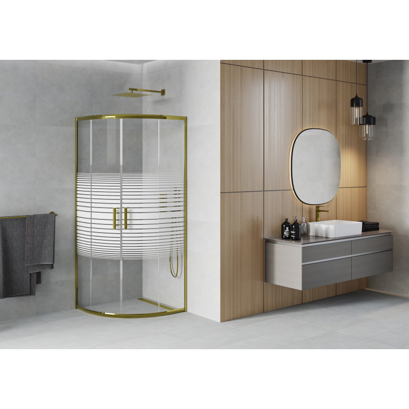 Mexen Rio cabine de douche semi-circulaire 70 x 70 cm, bandes blanches, or - 863-070-070-50-20