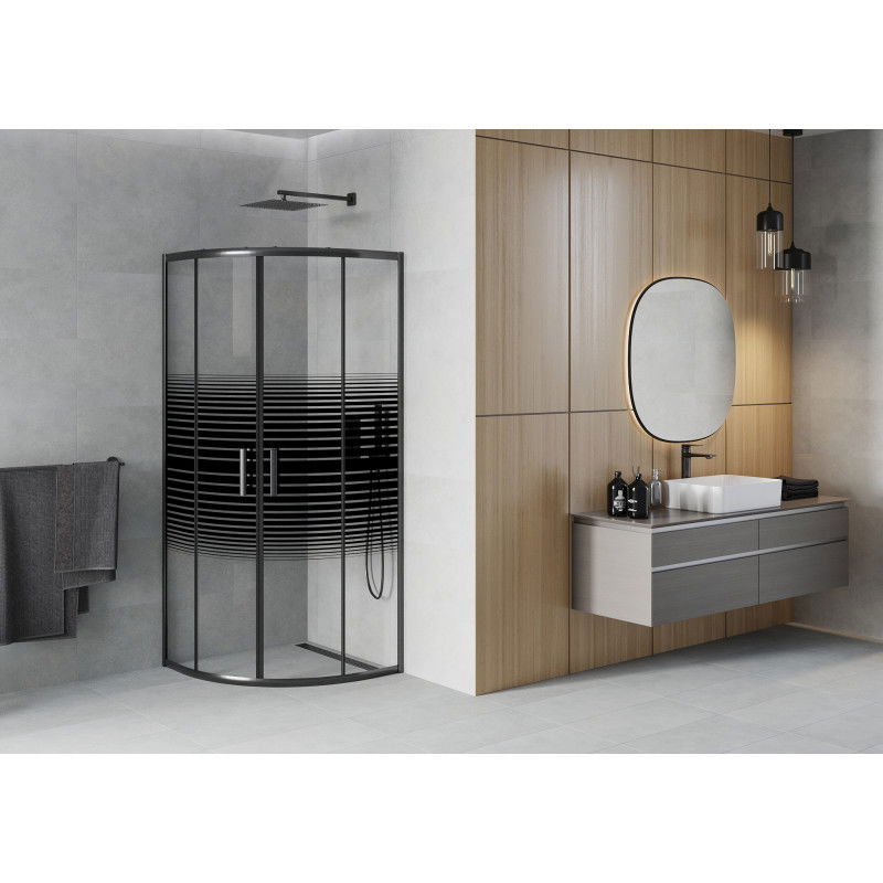 Mexen Rio cabine de douche semi-circulaire 90 x 90 cm, bandes noires, noire - 863-090-090-70-20