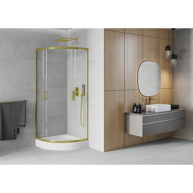 Mexen Rio cabine de douche semi-circulaire 90 x 90 cm, transparente, dorée + receveur, blanc - 863-090-090-50-00-4710