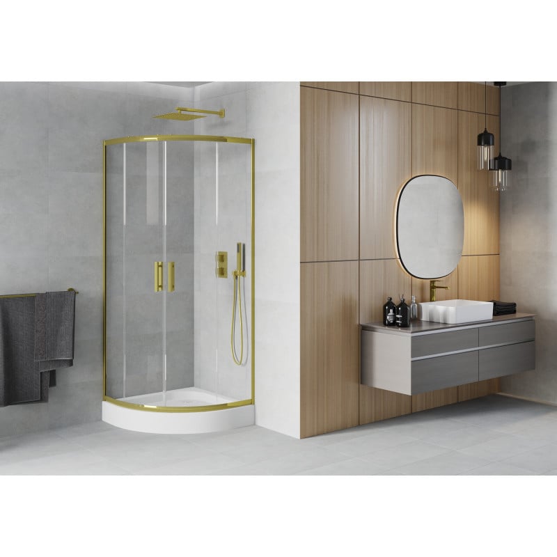 Mexen Rio cabine de douche semi-circulaire 90 x 90 cm, transparent, or + receveur Rio, blanc - 863-090-090-50-00-4710