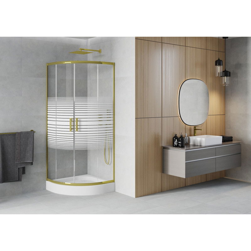 Mexen Rio cabine de douche semi-circulaire 80 x 80 cm, bandes blanches, or + receveur, blanc - 863-080-080-50-20-4710