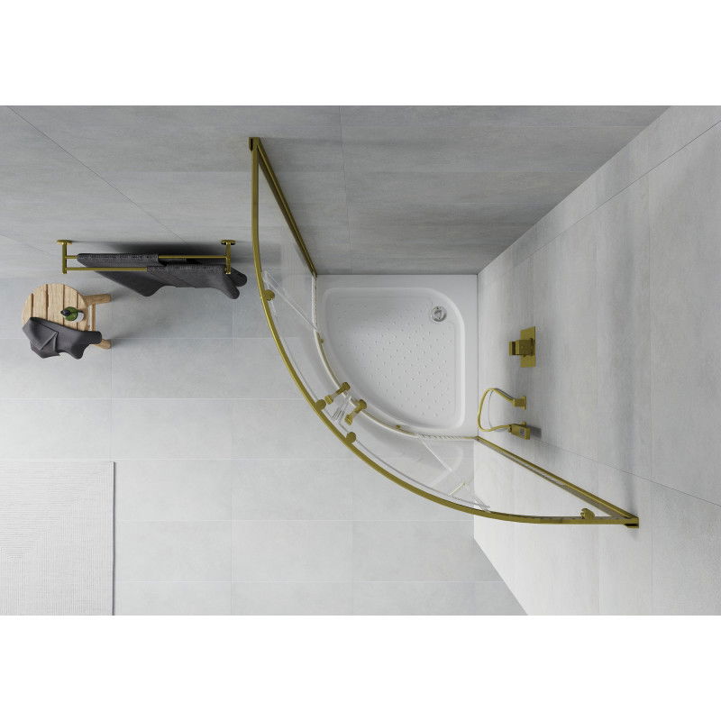 Mexen Rio cabine de douche semi-circulaire 90 x 90 cm, bandes blanches, or + bac à douche, blanc - 863-090-090-50-20-4710