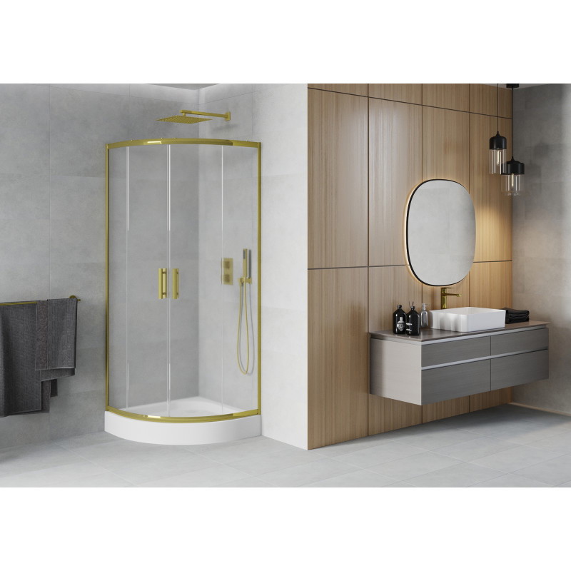 Mexen Rio Cabine de douche semi-circulaire 90 x 90 cm, givrée, dorée + receveur, blanc - 863-090-090-50-30-4710