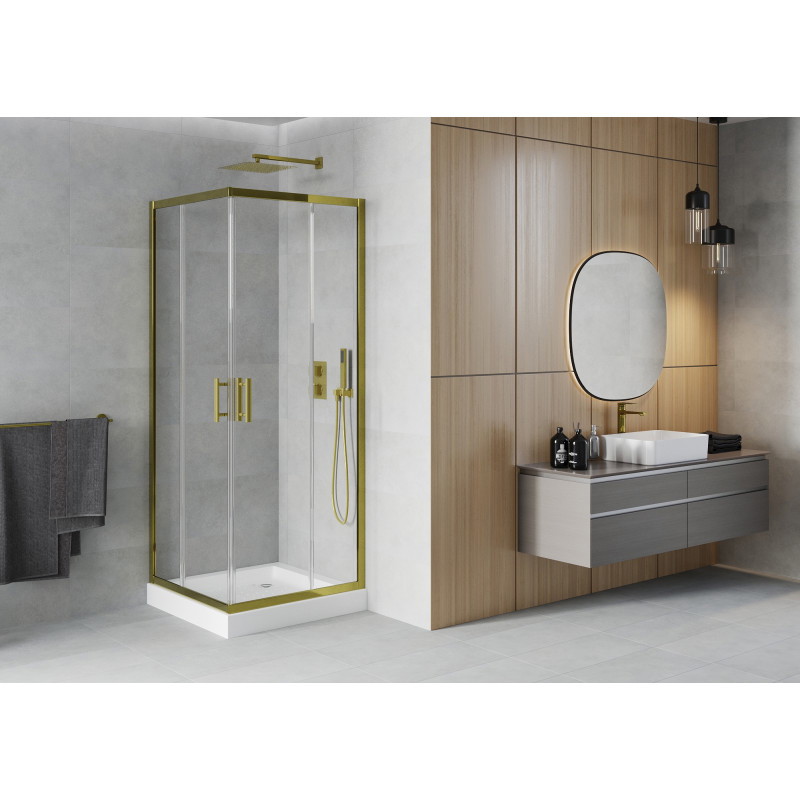 Mexen Rio cabine de douche carrée 80 x 80 cm, transparent, or + bac à douche Rio, blanc - 860-080-080-50-00-4510