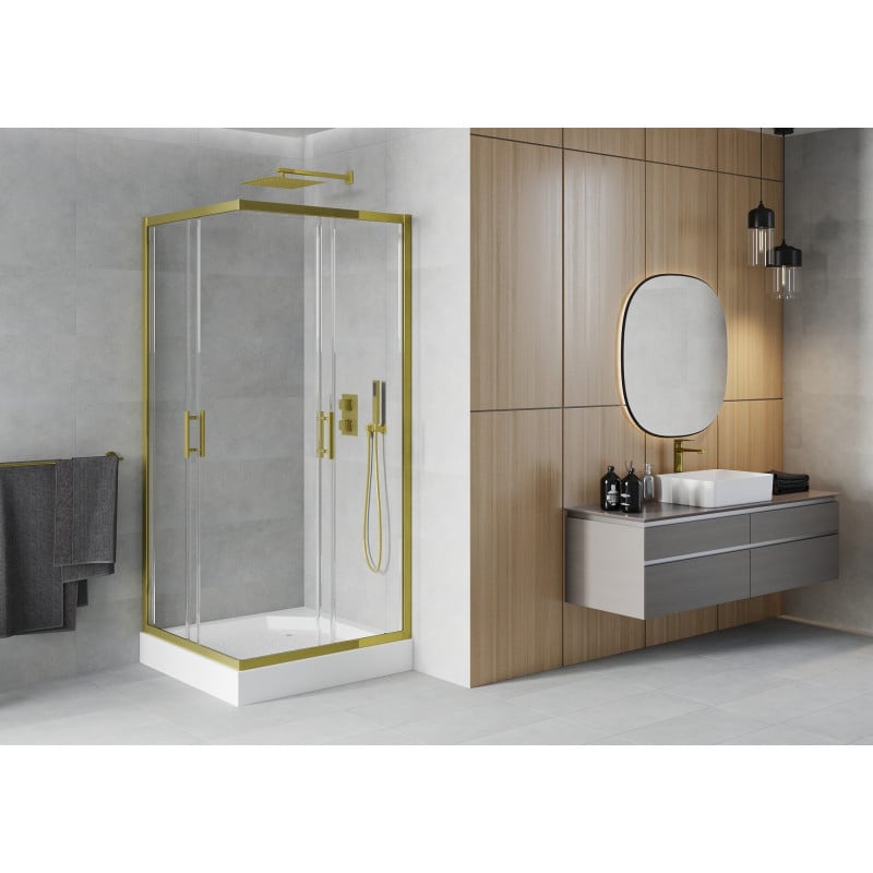Mexen Rio cabine de douche carrée 90 x 90 cm, transparent, dorée + bac à douche Rio, blanc - 860-090-090-50-00-4510