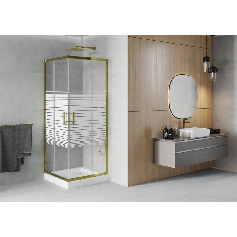 Mexen Rio cabine de douche carrée 80 x 80 cm, bandes blanches, or + receveur, blanc - 860-080-080-50-20-4510