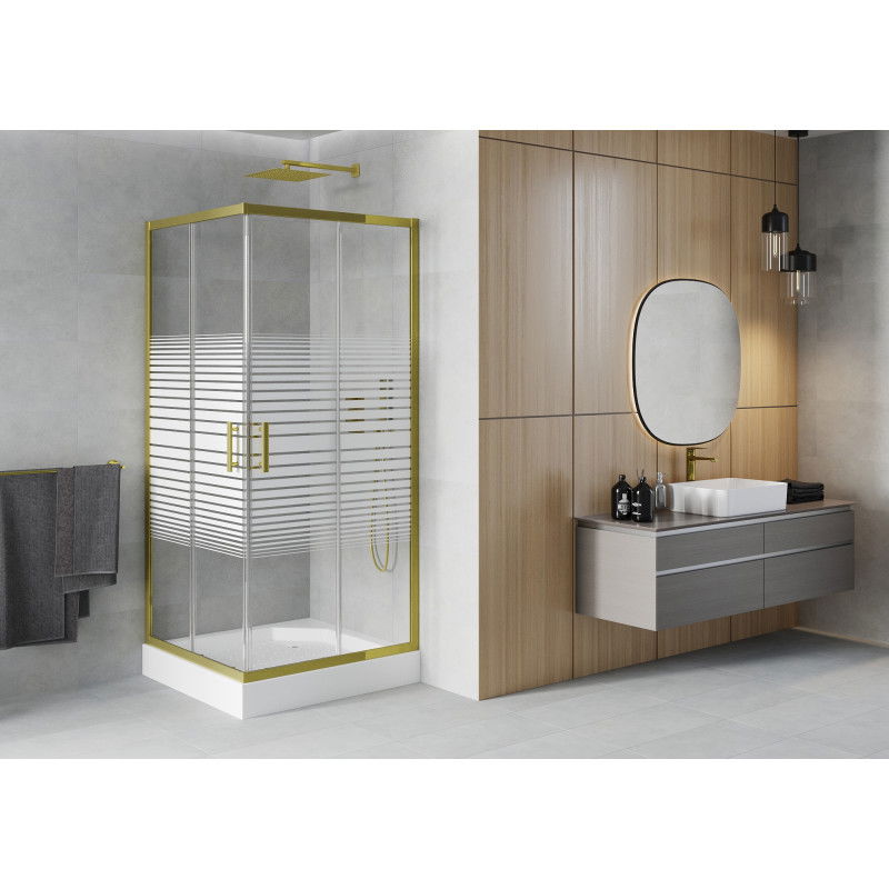 Mexen Rio cabine de douche carrée 90 x 90 cm, bandes blanches, or + receveur, blanc - 860-090-090-50-20-4510