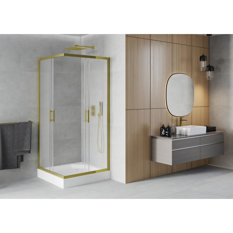 Mexen Rio cabine de douche carrée 90 x 90 cm, givrée, or + bac à douche Rio, blanc - 860-090-090-50-30-4510
