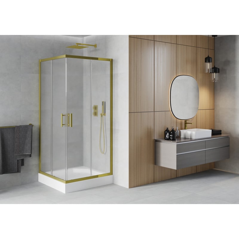 Mexen Rio cabine de douche carrée 90 x 90 cm, givrée, or + bac à douche Rio, blanc - 860-090-090-50-30-4510