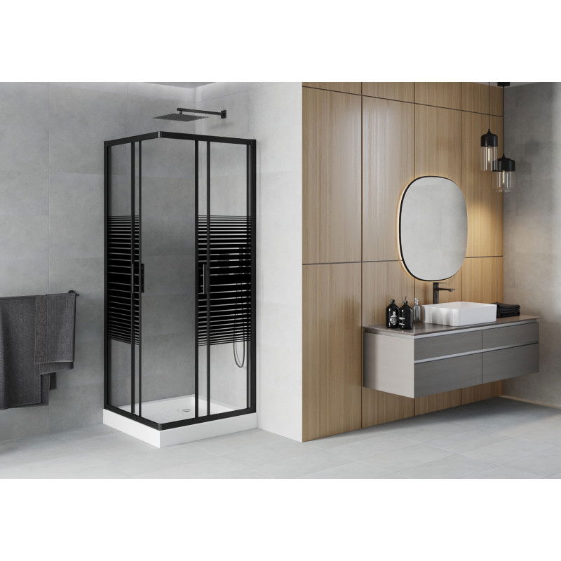 Mexen Rio cabine de douche carrée 80 x 80 cm, bandes noires, noire + receveur de douche, blanc - 860-080-080-70-20-4510
