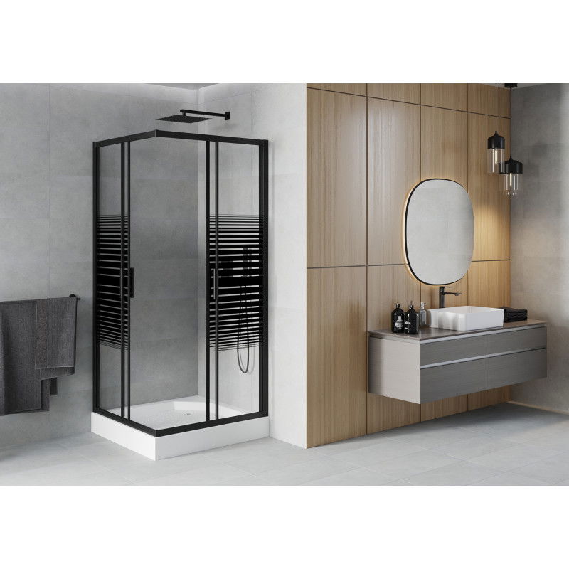 Mexen Rio cabine de douche carrée 90 x 90 cm, bandes noires, noir + receveur, blanc - 860-090-090-70-20-4510