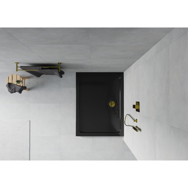Mexen Flat receveur rectangulaire slim 80 x 70 cm, noir, siphon doré - 40707080G
