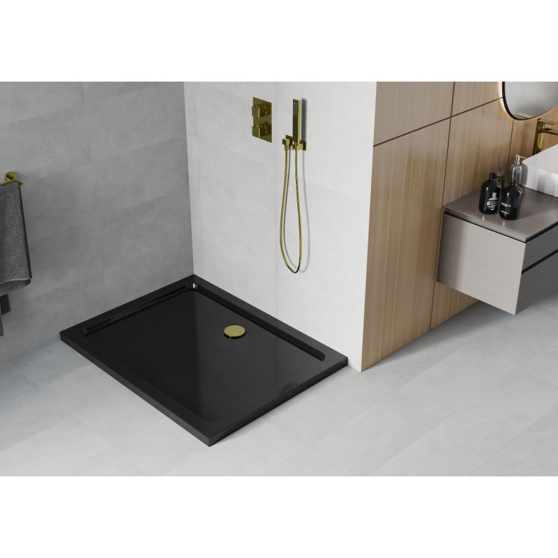 Mexen Flat receveur rectangulaire slim 80 x 70 cm, noir, siphon doré - 40707080G