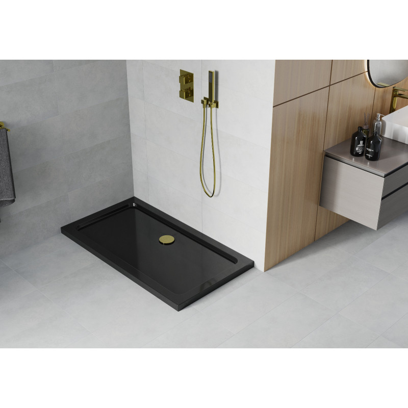 Mexen Flat receveur rectangulaire slim 130 x 70 cm, noir, siphon doré - 40707013G