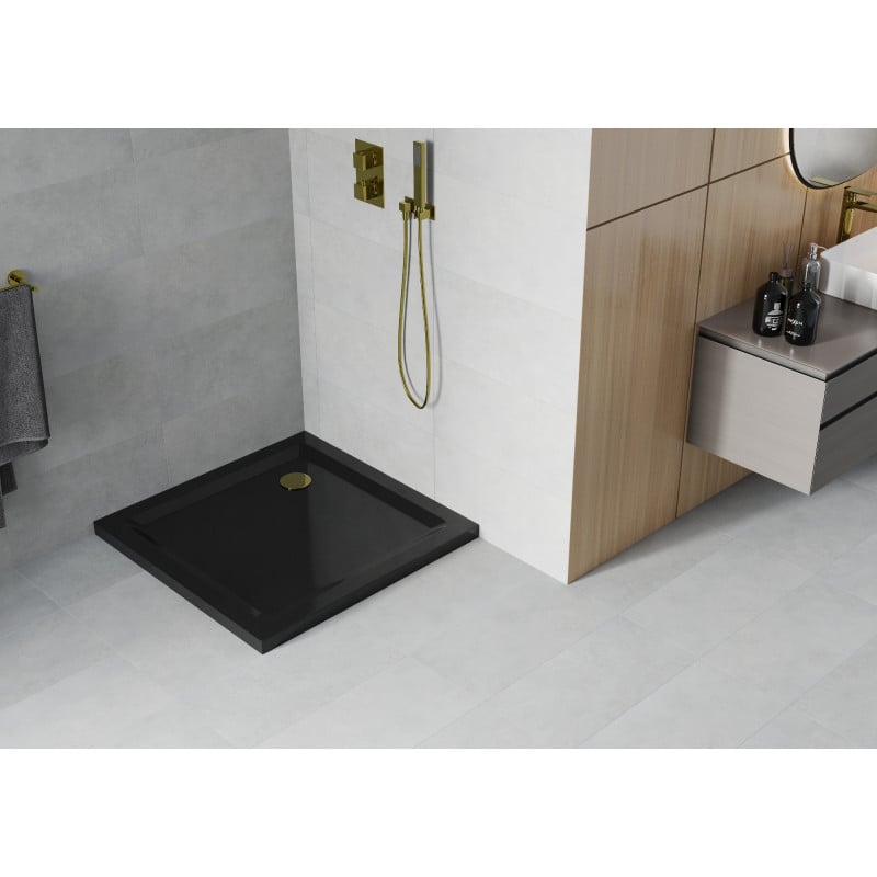 Mexen Flat receveur de douche carré slim 100 x 100 cm, noir, siphon doré- 40701010G