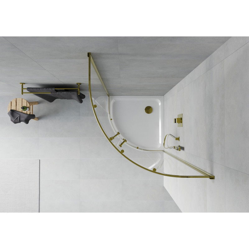 Mexen Rio cabine de douche semi-circulaire 80 x 80 cm, transparente, or + receveur Flat, blanc - 863-080-080-50-00-4110G