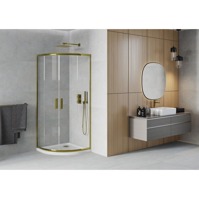 Mexen Rio cabine de douche semi-circulaire 80 x 80 cm, transparente, or + receveur Flat, blanc - 863-080-080-50-00-4110G