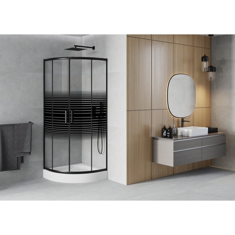 Mexen Rio cabine de douche semi-circulaire 70 x 70 cm, rayures noires, noire + receveur, blanc - 863-070-070-70-20-4710