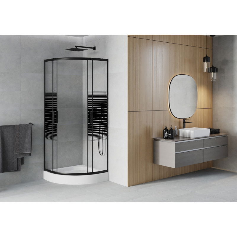 Mexen Rio cabine de douche semi-circulaire 80 x 80 cm, bandes noires, noir + receveur, blanc - 863-080-080-70-20-4710