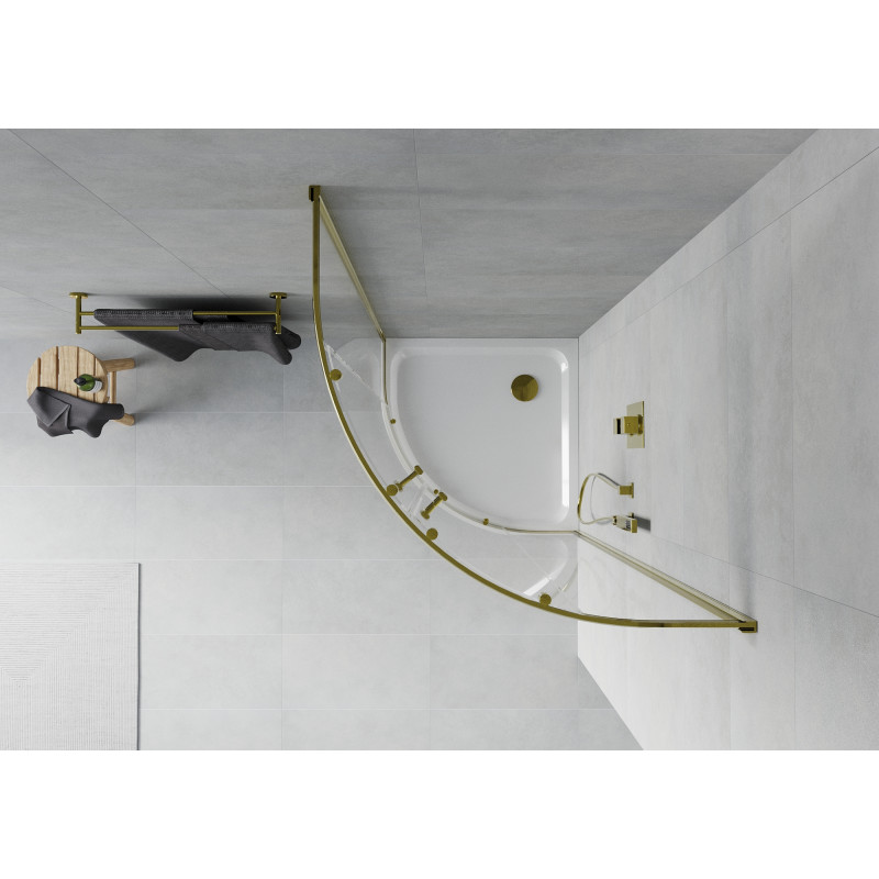 Mexen Rio cabine de douche demi-circulaire 90 x 90 cm, transparent, doré + receveur Flat, blanc - 863-090-090-50-00-4110G