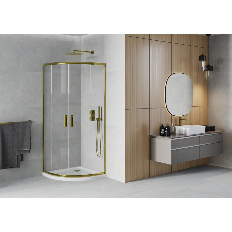 Mexen Rio cabine de douche semi-circulaire 90 x 90 cm, transparent, or + bac à douche plat, blanc - 863-090-090-50-00-4110G
