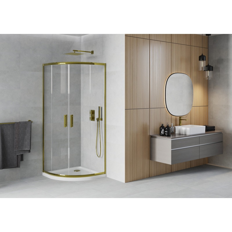 Mexen Rio cabine de douche semi-circulaire 90 x 90 cm, transparent, or + receveur plat, blanc - 863-090-090-50-00-4110G