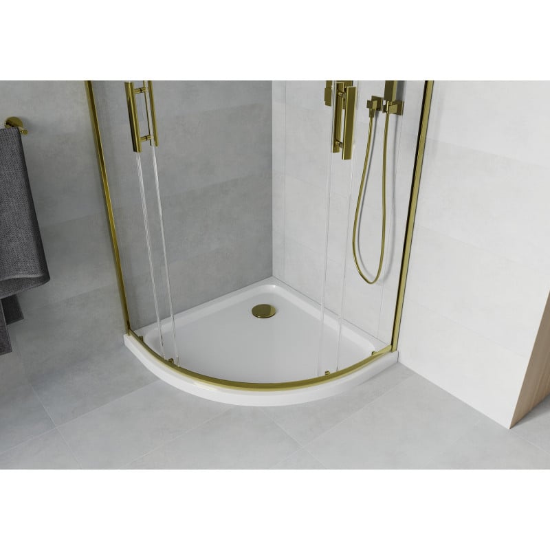 Mexen Rio cabine de douche demi-circulaire 90 x 90 cm, transparent, doré + receveur Flat, blanc - 863-090-090-50-00-4110G