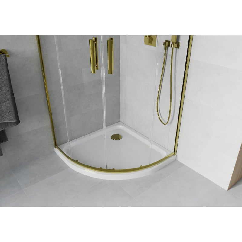 Mexen Rio cabine de douche demi-circulaire 90 x 90 cm, transparent, doré + receveur Flat, blanc - 863-090-090-50-00-4110G
