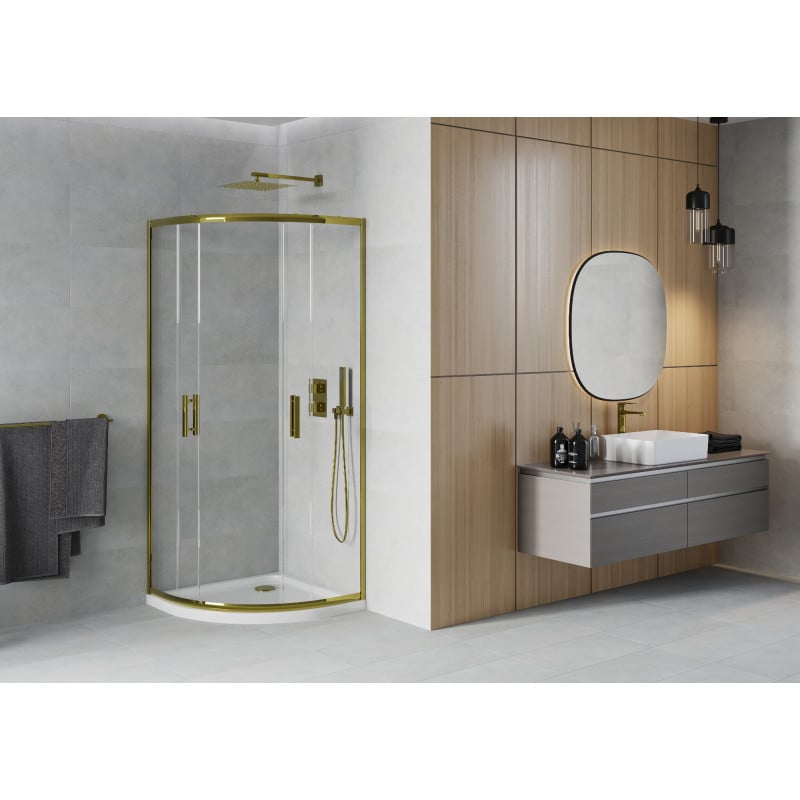 Mexen Rio cabine de douche demi-circulaire 90 x 90 cm, transparent, doré + receveur Flat, blanc - 863-090-090-50-00-4110G