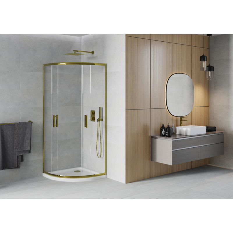 Mexen Rio cabine de douche semi-circulaire 90 x 90 cm, transparent, or + bac à douche plat, blanc - 863-090-090-50-00-4110G