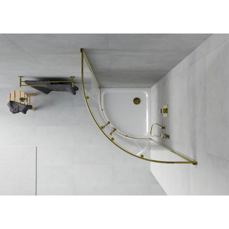 Mexen Rio cabine de douche semi-circulaire 90 x 90 cm, rayures blanches, or + receveur plat, blanc - 863-090-090-50-20-4110G