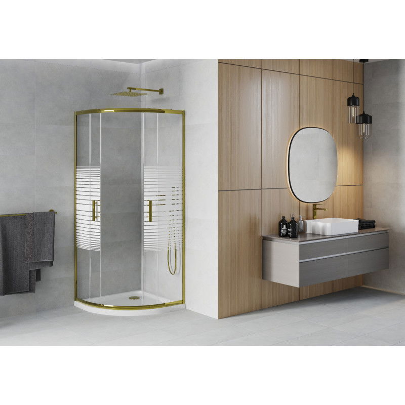 Mexen Rio cabine de douche semi-circulaire 90 x 90 cm, rayures blanches, or + receveur plat, blanc - 863-090-090-50-20-4110G