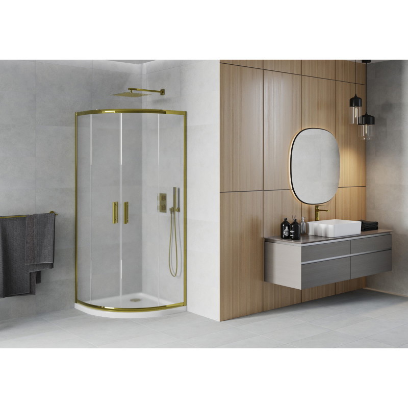 Mexen Rio cabine de douche semi-circulaire 80 x 80 cm, givre, or + receveur Flat, blanc - 863-080-080-50-30-4110G