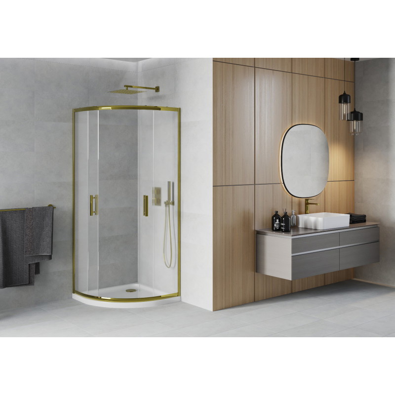 Mexen Rio cabine de douche semi-circulaire 80 x 80 cm, givrée, or + receveur Flat, blanc - 863-080-080-50-30-4110G