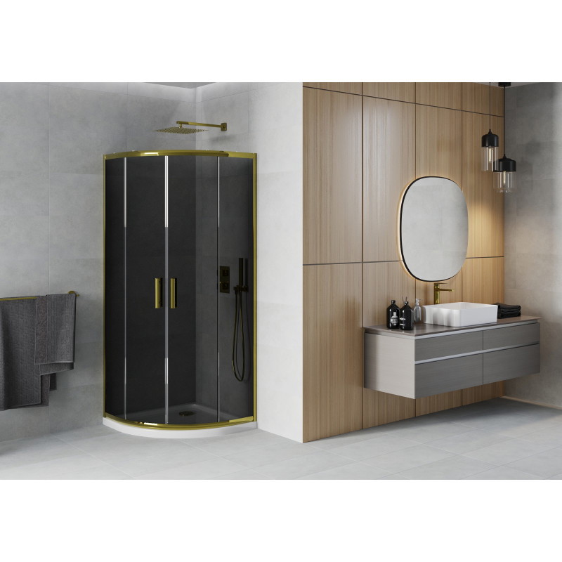 Mexen Rio cabine de douche semi-circulaire 80 x 80 cm, graphite, or + receveur Flat, blanc - 863-080-080-50-40-4110G