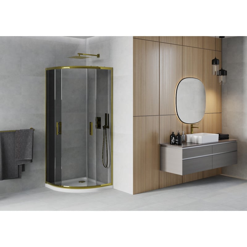 Mexen Rio cabine de douche semi-circulaire 80 x 80 cm, graphite, or + receveur Flat, blanc - 863-080-080-50-40-4110G