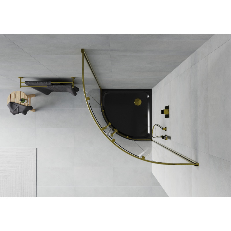 Mexen Rio cabine de douche semi-circulaire 80 x 80 cm, transparent, or + bac Flat, noir - 863-080-080-50-00-4170G