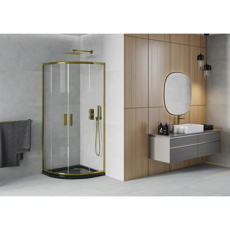 Mexen Rio cabine de douche semi-circulaire 80 x 80 cm, transparent, or + bac Flat, noir - 863-080-080-50-00-4170G