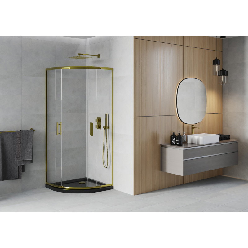 Mexen Rio cabine de douche semi-circulaire 80 x 80 cm, transparent, or + bac Flat, noir - 863-080-080-50-00-4170G