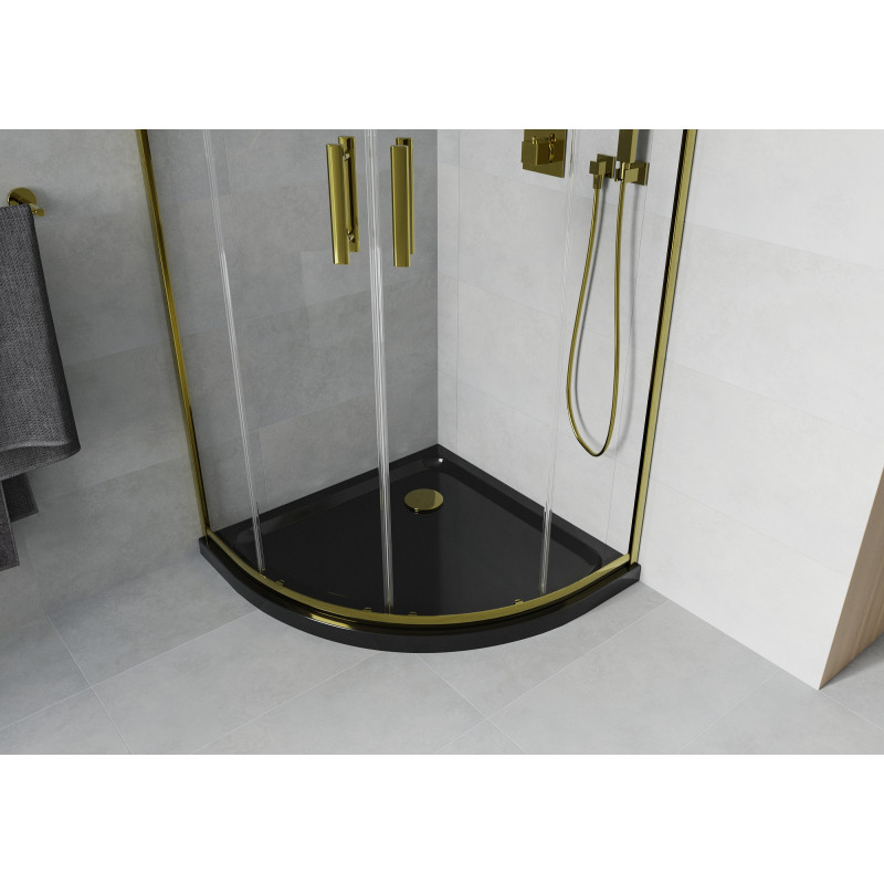 Mexen Rio cabine de douche semi-circulaire 90 x 90 cm, transparent, doré + receveur Flat, noir - 863-090-090-50-00-4170G