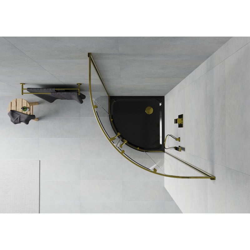 Mexen Rio cabine de douche semi-circulaire 90 x 90 cm, transparente, dorée + receveur plat, noir - 863-090-090-50-00-4170G