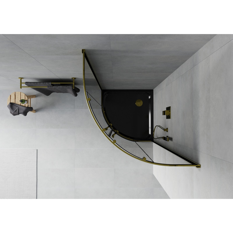 Mexen Rio cabine de douche semi-circulaire 80 x 80 cm, graphite, or + receveur Flat, noir - 863-080-080-50-40-4170G