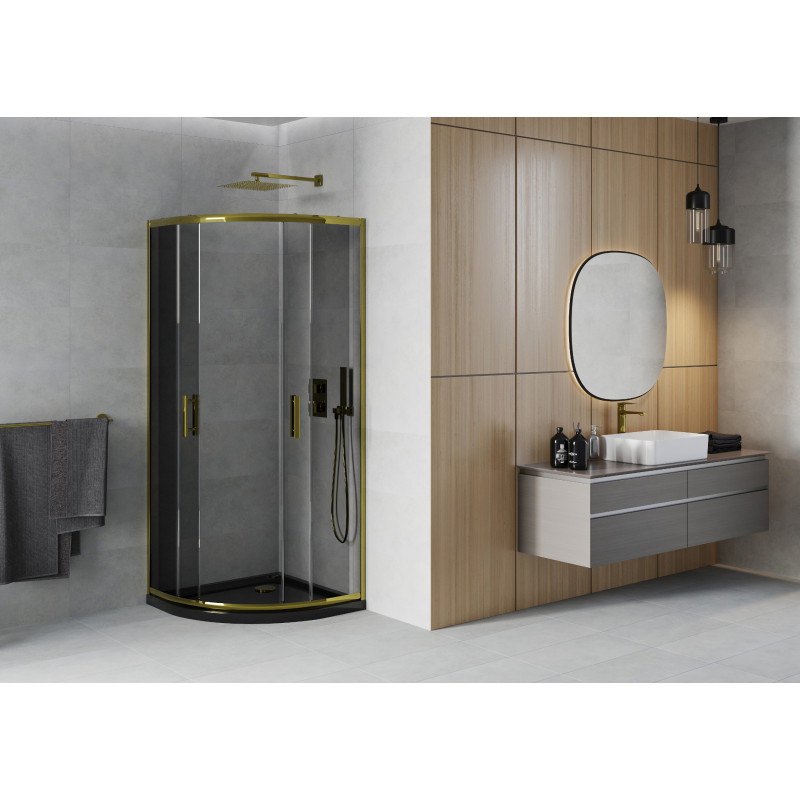 Mexen Rio cabine de douche semi-circulaire 80 x 80 cm, graphite, or + receveur Flat, noir - 863-080-080-50-40-4170G