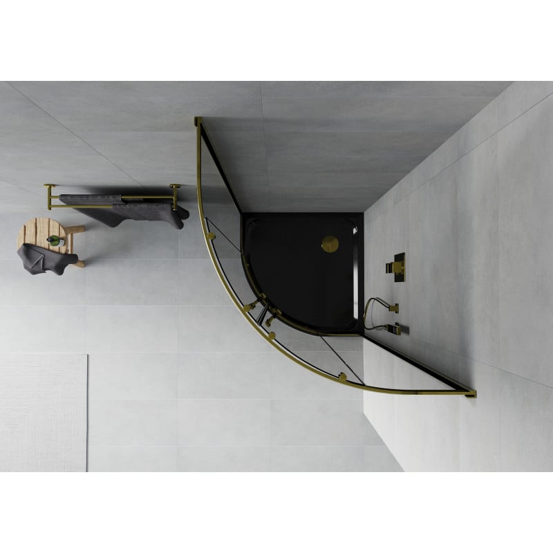 Mexen Rio cabine de douche en quart de cercle 90 x 90 cm, graphite, or + receveur Flat, noir - 863-090-090-50-40-4170G